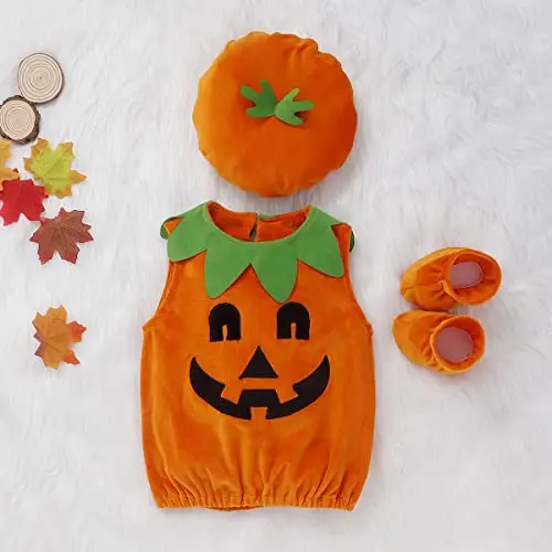 Hifot 3 Pezzi Vestito Zucca Neonato, Costume Zucca Bambino Pagliaccetto con Cappello e Scarpa Costumi Halloween Bambini miniatura 2