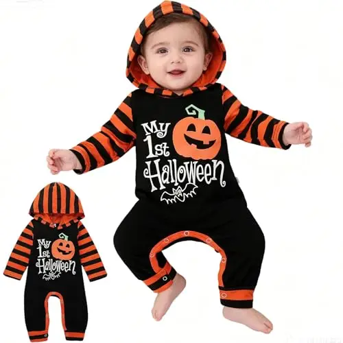 Hifot 3 Pezzi Vestito Zucca Neonato,Costume Zucca Bambino Pagliaccetto Neonato Tutina Neonato Costume Zucca Bambino