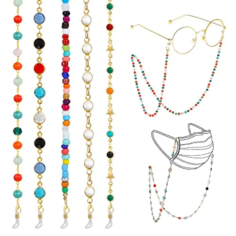 Hifot 5 Pezzi Catenella per Occhiali, Multicolore Perline Laccio Occhiali, Antiscivolo Laccetti per Occhiali Donna