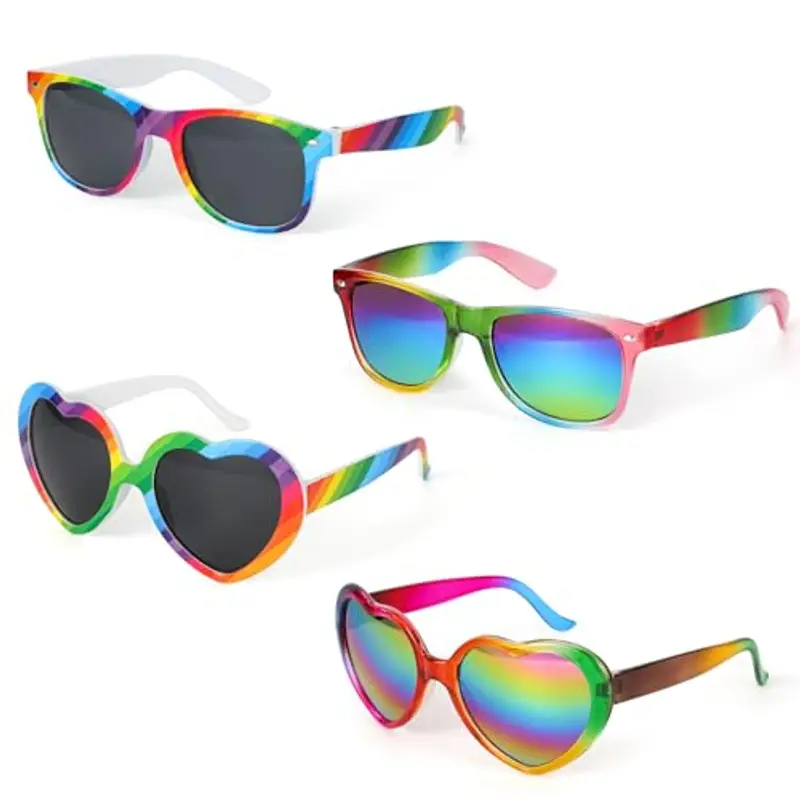 Hifot Set di Occhiali da Sole Colorati, Occhiali Cuore Senza Montatura Colorati + Classico Occhiali da Sole Arcobaleno,
