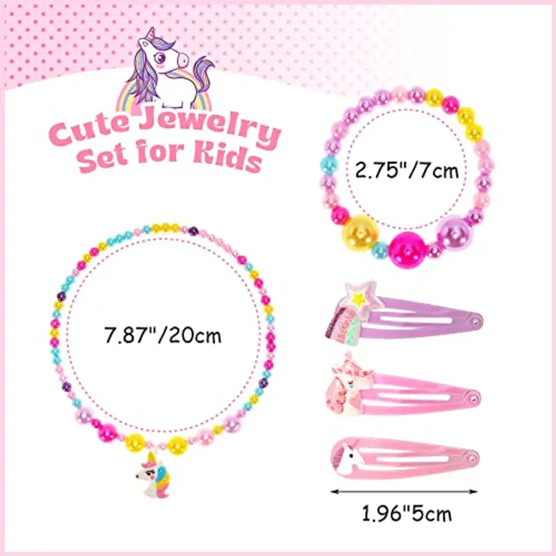 Hifot Unicorno Borsa Bambina Set Gioielli, Unicorno Borsetta Collana Bracciale Mollette per Capelli Accessori per Capelli per Ragazza, Principessa Vestire Gioielli Forniture per Feste miniatura 3