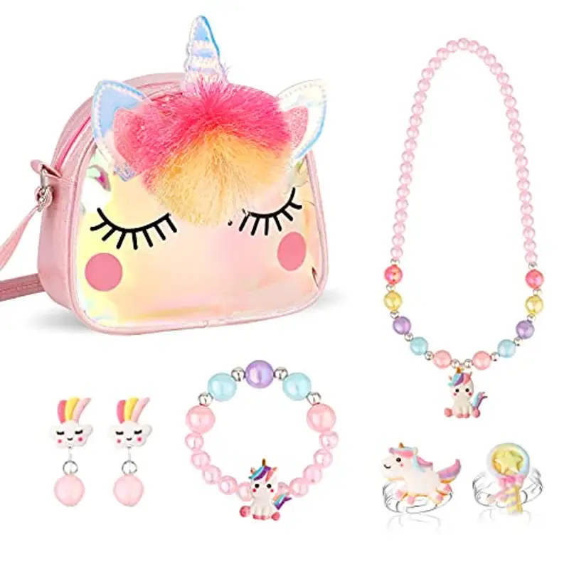 Hifot Unicorno Borsetta Gioielli per Bambini Unicorn Bracciale Orecchini Anelli Collana Set, Principessa Vestire Gioielli Forniture per Feste
