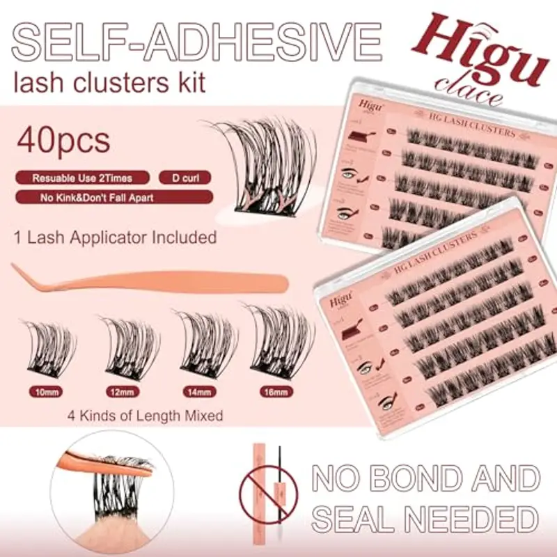 Higu clace Selbstklebende Wimpern, 40pcs D Curl vorgeklebte Wimpern Set mix8-16mm, Wimpernpinzette, kein Kleber und miniatura 2