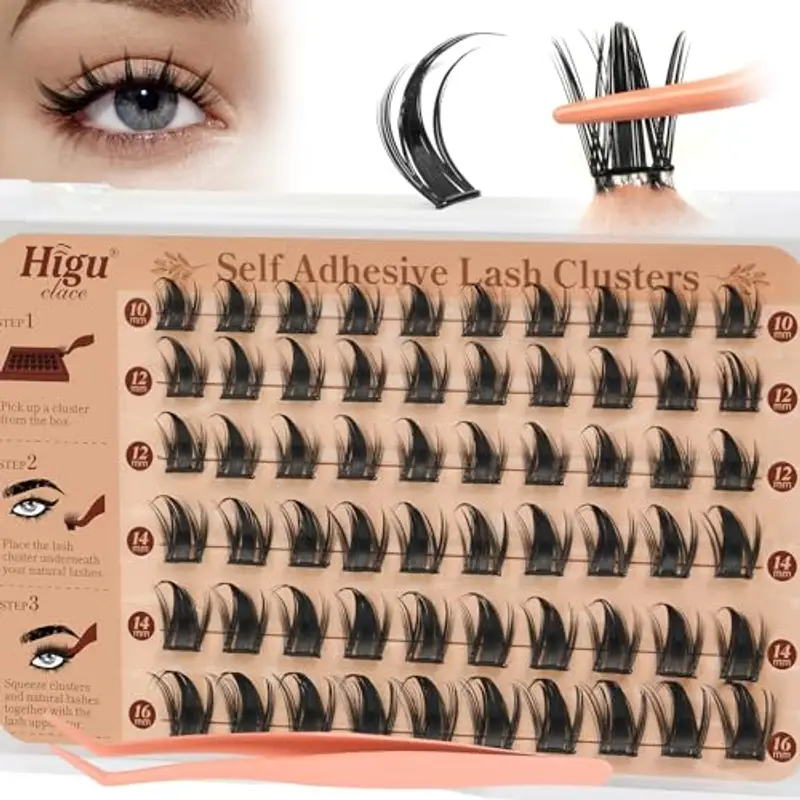 Higu clace Self -Adhesive-Cluster-Lashes Natural Look, Pre-Glued-Eyelashes D Curl Mix 10-12mm, 60 Pcs Pre Glued Lash No