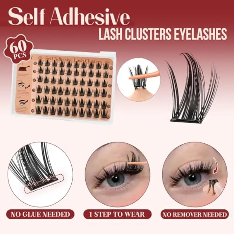 Higu clace Self -Adhesive-Cluster-Lashes Natural Look, Pre-Glued-Eyelashes D Curl Mix 10-12mm, 60 Pcs Pre Glued Lash No miniatura 2