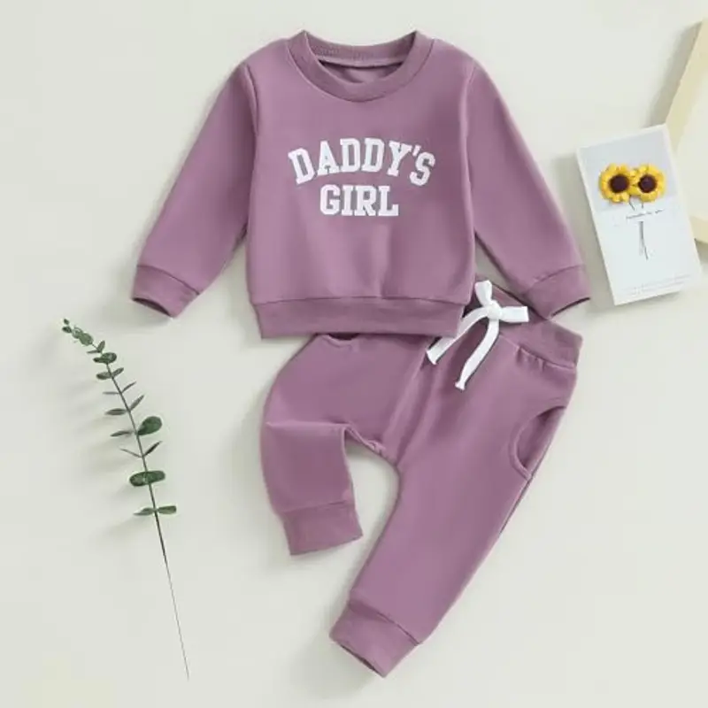 Himllauen Vestiti per Bambina Felpa Manica Lunga+ Pantaloni Due Pezzi Completini Bimba Daddy's Girl Set di Tuta Carina per Bambine (A Viola 2, 2-3 anni) miniatura 2