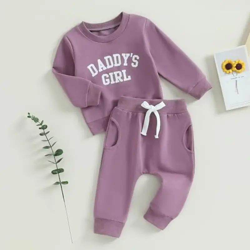 Himllauen Vestiti per Bambina Felpa Manica Lunga+ Pantaloni Due Pezzi Completini Bimba Daddy's Girl Set di Tuta Carina per Bambine (A Viola 2, 2-3 anni) miniatura 3