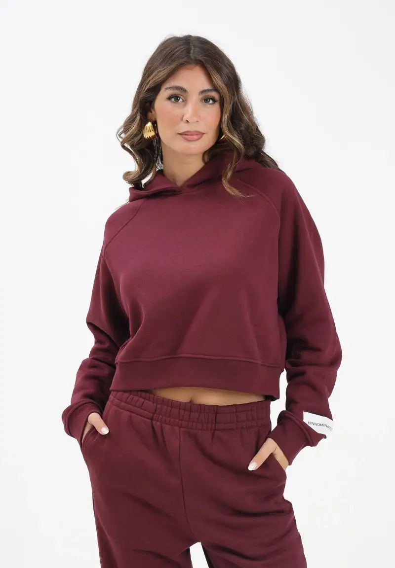 Felpa con cappuccio bordeaux da donna rifinita da patch logo miniatura 2
