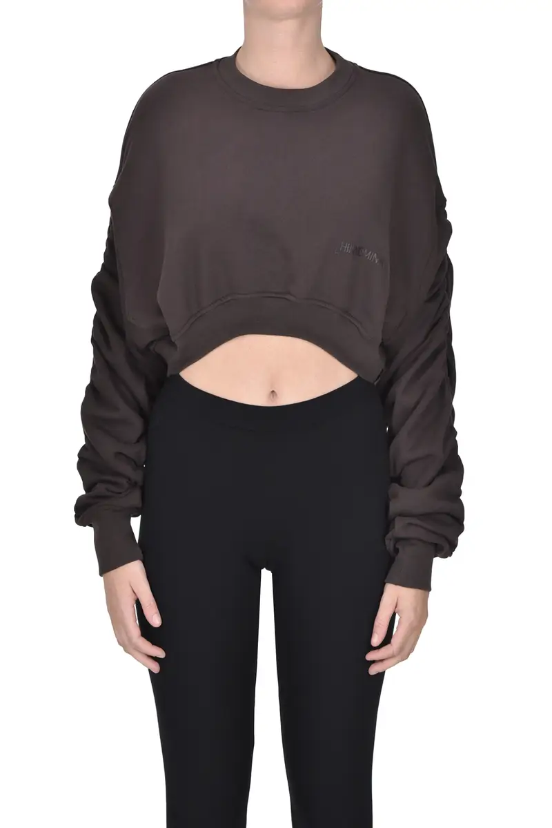 Felpa cropped con maniche arricciate Marrone Scuro