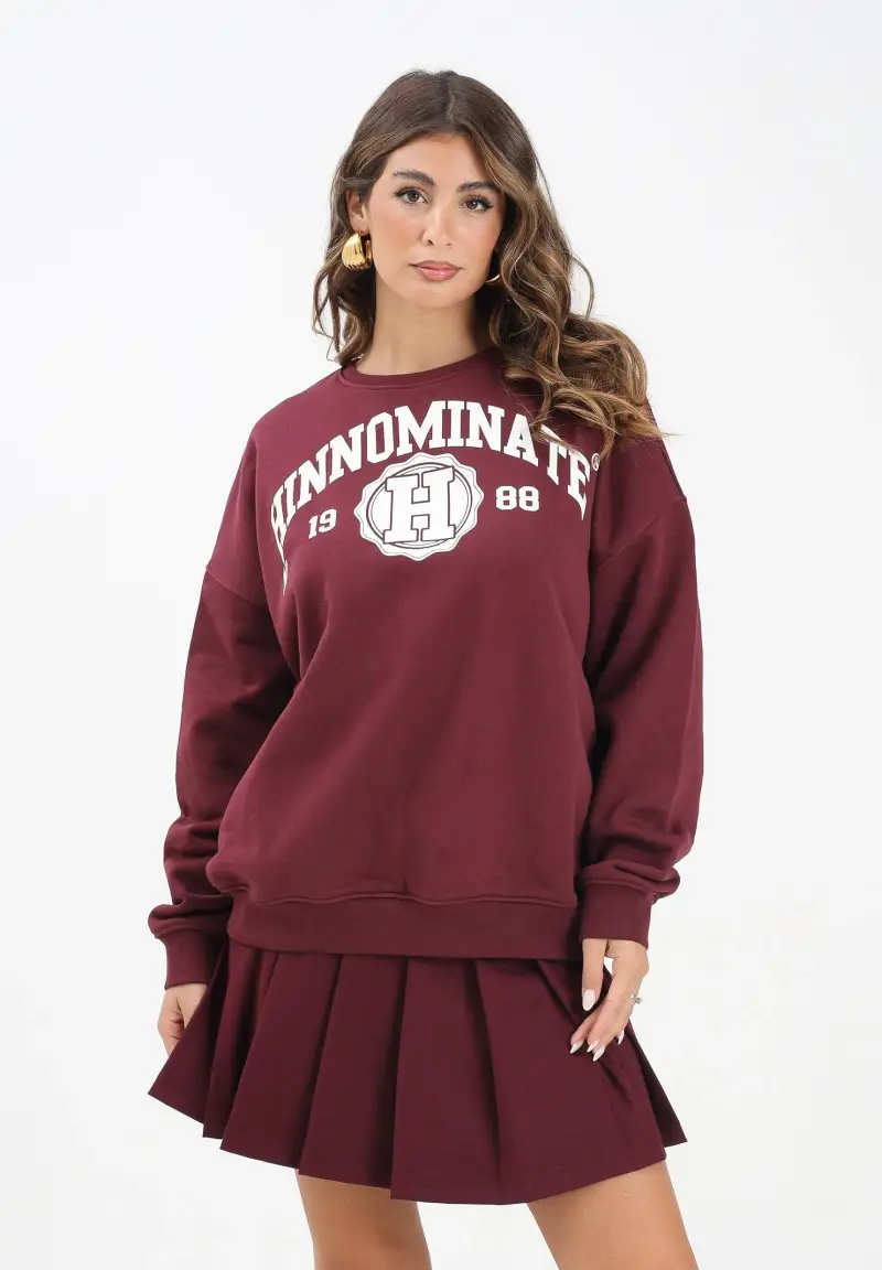 Felpa girocollo bordeaux da donna stile college miniatura 2