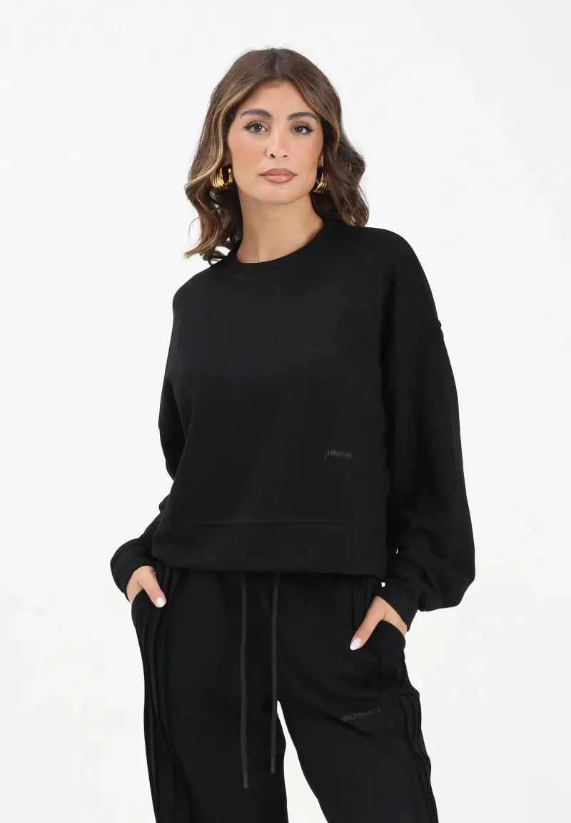 Felpa girocollo nera da donna con logo miniatura 2