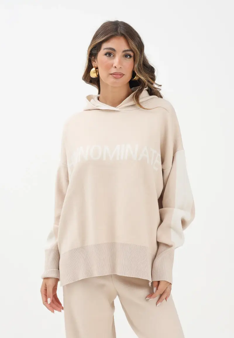 Maglia con cappuccio beige da donna con bande e logo miniatura 2