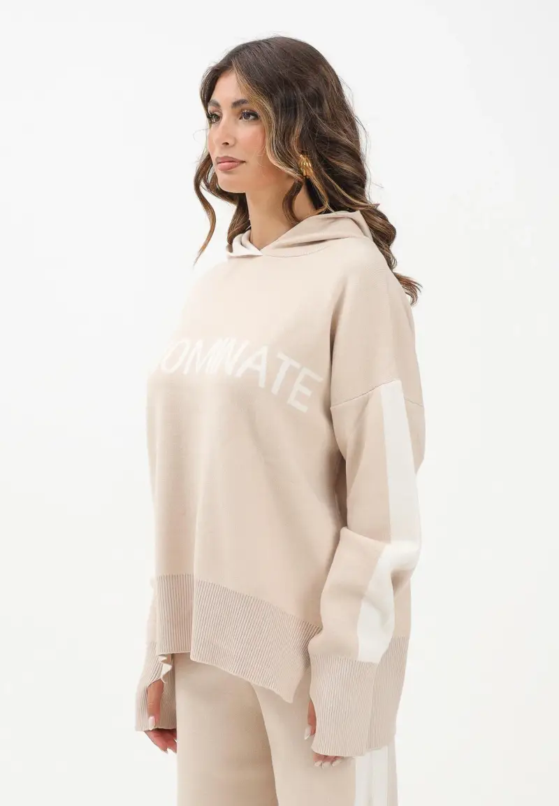 Maglia con cappuccio beige da donna con bande e logo