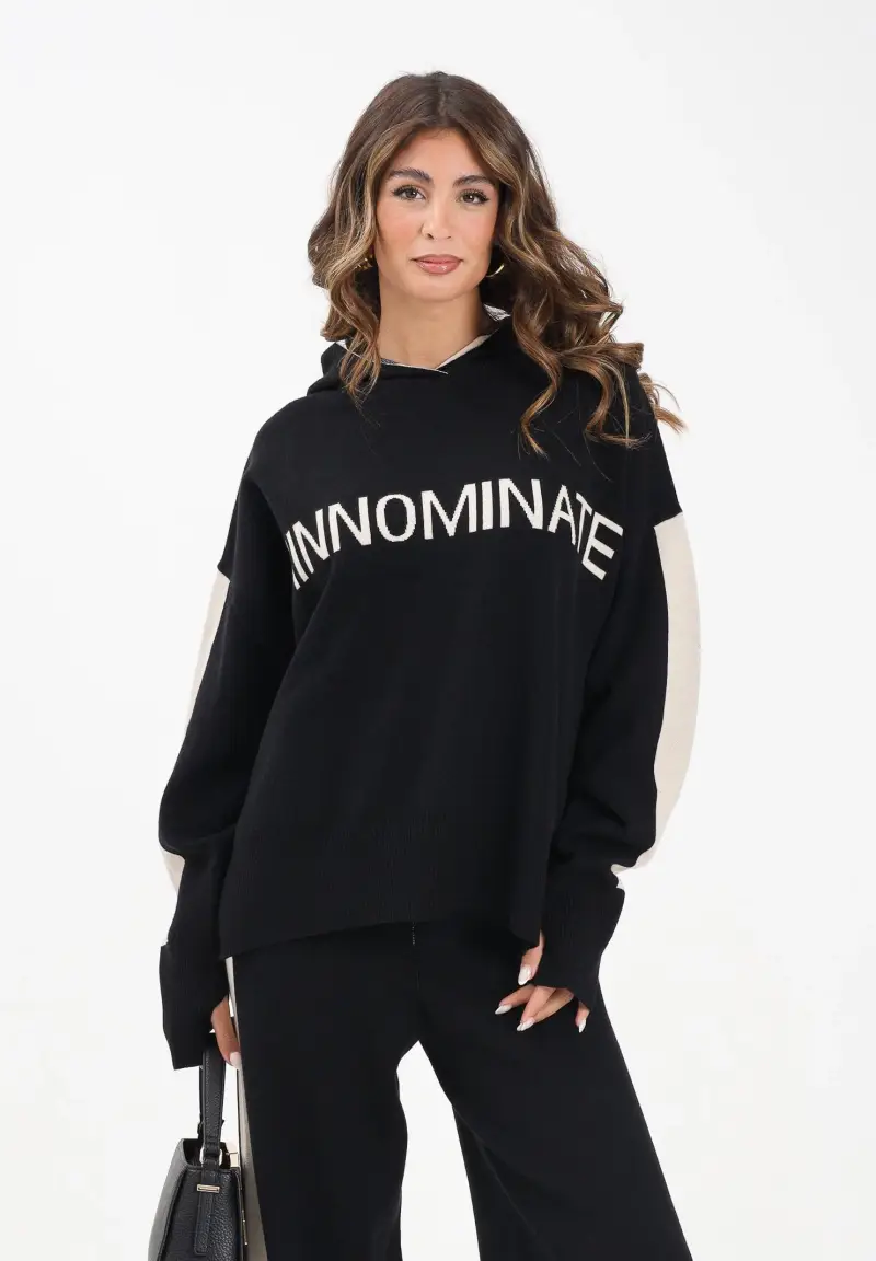 Maglia con cappuccio nera da donna con bande a contrasto e logo miniatura 2