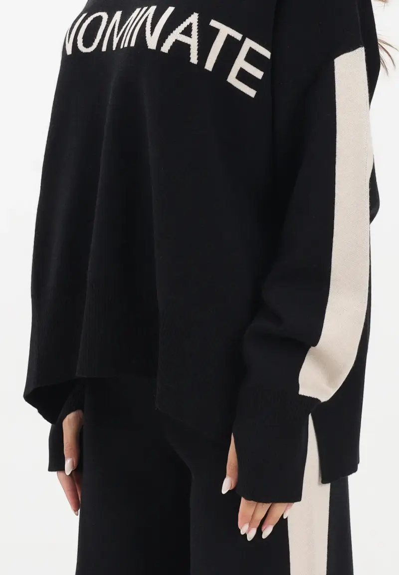 Maglia con cappuccio nera da donna con bande a contrasto e logo miniatura 3