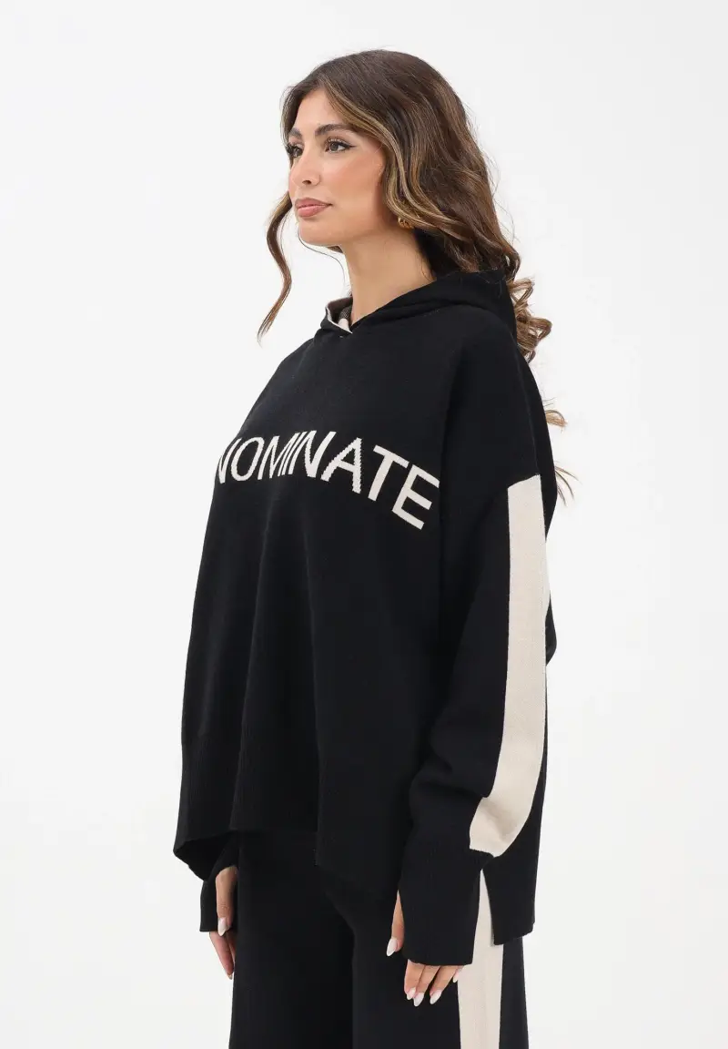 Maglia con cappuccio nera da donna con bande a contrasto e logo