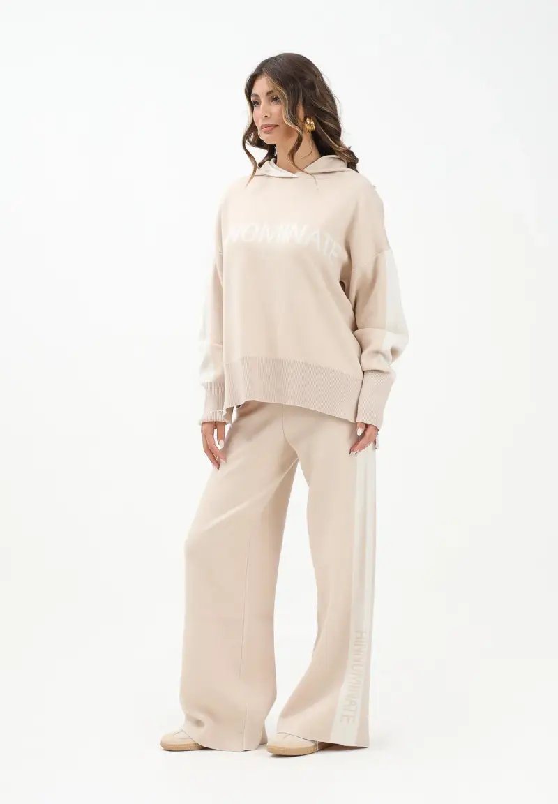 Pantalone in maglia beige da donna con banda laterale logata miniatura 2