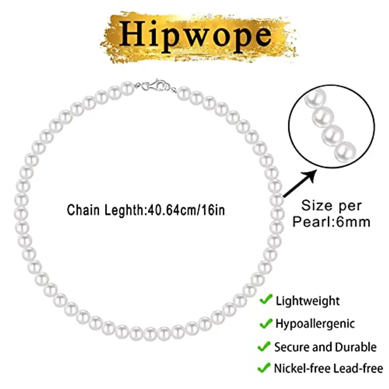 Hipwope 6/8 mm Collana di perle finte per Uomo bianche 16/18/20/22/24 pollici lunghezza, girocollo, Gioielli miniatura 2