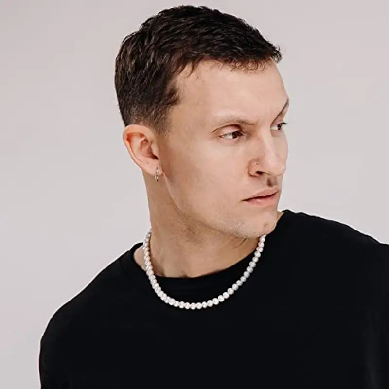 Hipwope 6/8 mm Collana di perle finte per Uomo bianche 16/18/20/22/24 pollici lunghezza, girocollo, Gioielli miniatura 3