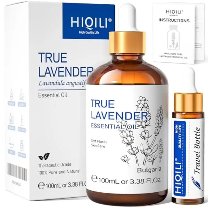 HIQILI 100ml Olio Essenziale Lavanda - 100% Puri Non Diluiti, Grado Terapeutico per Diffusore Aromaterapico in Camera, Allevia lo Stress, Migliora la Qualità del Sonno | con Contagocce in Vetro