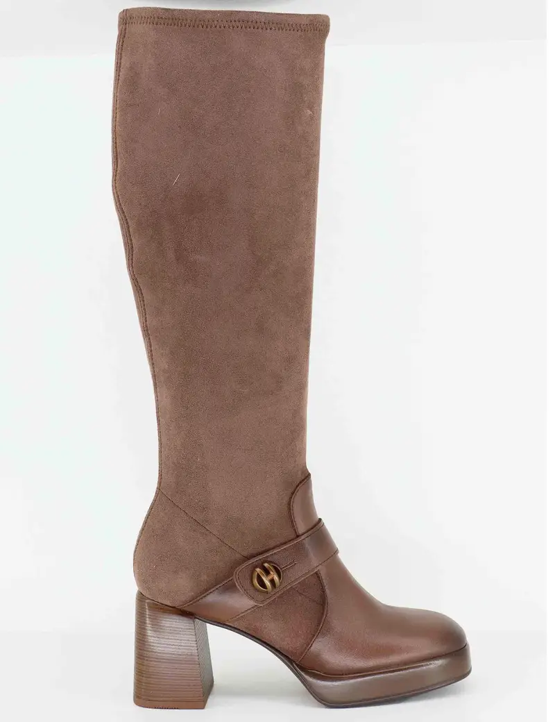 Stivali in pelle e tessuto marrone Donna HI254374 C005