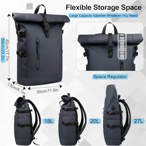 hk Zaino Rolltop 23L Impermeabile per Laptop da 15, 6 Pollici con Porta USB, Zaino Antifurto Leggero per Uomini e Donne miniatura 3