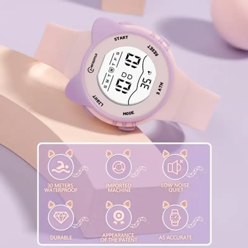 HMJIA Orologio Bambina con Motivo Gatto 3ATM Impermeabile con luce Cronometro Allarme Cinturino in Silicone per miniatura 3