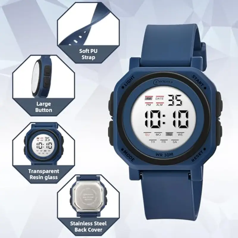 HMJIA Orologio Bambino Ragazzo 3ATM Impermeabile Orologio Digitale Bambino da Polso Sportivo con Sveglia Cronometro Luce LED Data Orologio BambinI per Ragazzi Adolescenti (BLU) miniatura 2