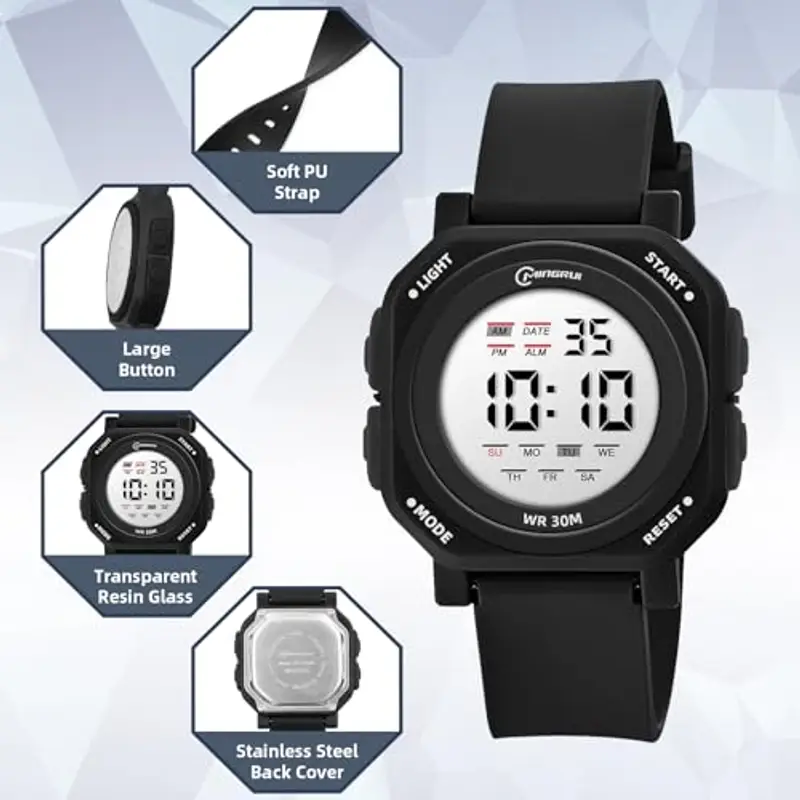 HMJIA Orologio Bambino Ragazzo 3ATM Impermeabile Orologio Digitale Bambino da Polso Sportivo con Sveglia Cronometro Luce LED Data Orologio BambinI per Ragazzi Adolescenti (Nero) miniatura 2