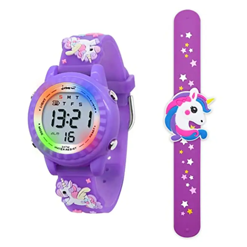 HMJIA Orologio da polso 3D, per bambini, ragazzi e ragazze, impermeabile fino a 3 ATM, con sveglia/data/cronometro/LED (Unicorno Viola)