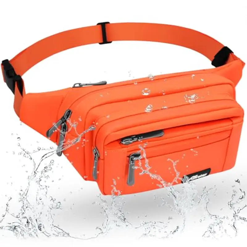 HNOOM Marsupio Sportivo con 5 Tasche, Marsupio alla moda con parapioggia, Marsupio Uomo Lavoro Grande, Marsupio Donna in nylon per Esterno, Sport, Viaggi, Jogging, Addestramento del cane (Arancio-1)