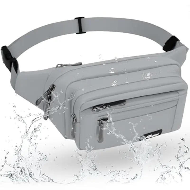 HNOOM Marsupio Sportivo con 5 Tasche, Marsupio alla moda con parapioggia, Marsupio Uomo Lavoro Grande, Marsupio Donna in nylon per Esterno, Sport, Viaggi, Jogging, Addestramento del cane (Grigio-1)