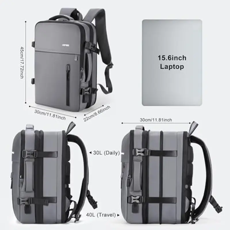 HOMIEE Zaino Porta PC Espandibile da 22L a 30L Tessuto Impermeabile Portatile Laptop Notebook Computer con Caricatore USB per Uomo Donna Lavoro Ufficio Scuola Università Viaggioe, Grigio miniatura 3