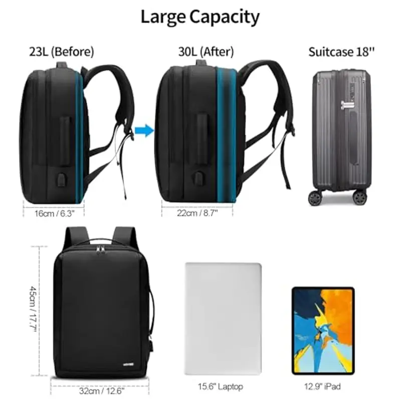 HOMIEE Zaino Porta PC Uomo Espandibile Zaini Viaggio per Laptop con USB Impermeabile Zainetto Sportivo Borsa da Computer Notebook per Lavoro Ufficio Sport Università Scuola miniatura 3
