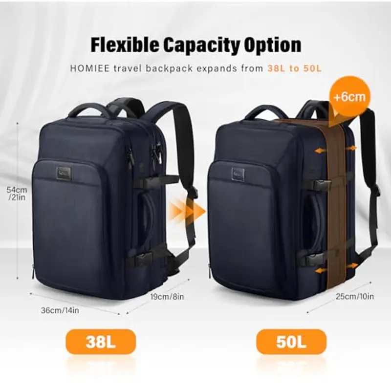 HOMIEE Zaino Viaggio Uomo 50L Zaino Aereo Valigia Bagaglio a Mano Borse Cabina Zaini Port PC 18 Pollici Espandibile Impermeabile Zainetto per Laptop Università Lavoro d'affari (Blu) miniatura 2