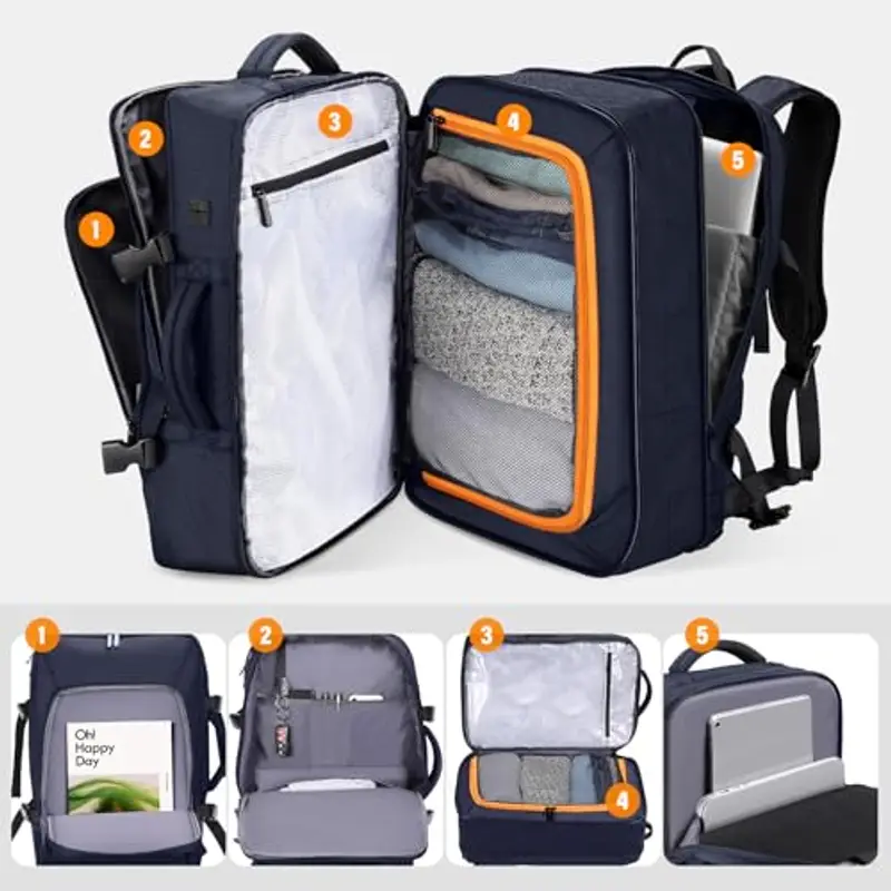 HOMIEE Zaino Viaggio Uomo 50L Zaino Aereo Valigia Bagaglio a Mano Borse Cabina Zaini Port PC 18 Pollici Espandibile Impermeabile Zainetto per Laptop Università Lavoro d'affari (Blu) miniatura 3