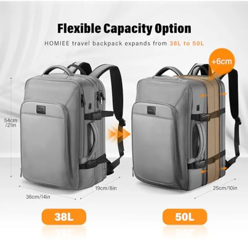 HOMIEE Zaino Viaggio Uomo 50L Zaino Aereo Valigia Bagaglio a Mano Borse Cabina Zaini Port PC 18 Pollici Espandibile Impermeabile Zainetto per Laptop Università Lavoro d'affari (Grigio) miniatura 2