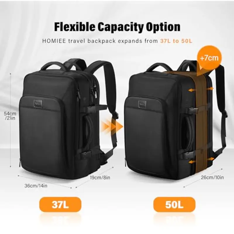 HOMIEE Zaino Viaggio Uomo 50L Zaino Aereo Valigia Bagaglio a Mano Borse Cabina Zaini Port PC 18 Pollici Espandibile Impermeabile Zainetto per Laptop Università Lavoro d'affari (Nero) miniatura 2