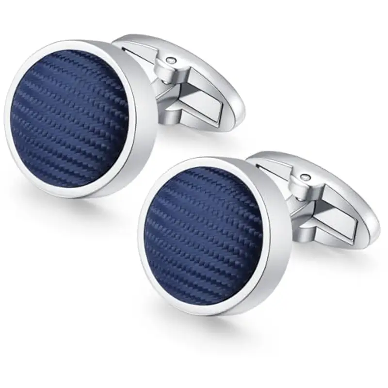 HONEY BEAR Rotondo gemelli per uomo - Nylon Tessuto modello a righe acciaio inox per regalo di nozze business (Blu marino) miniatura 3