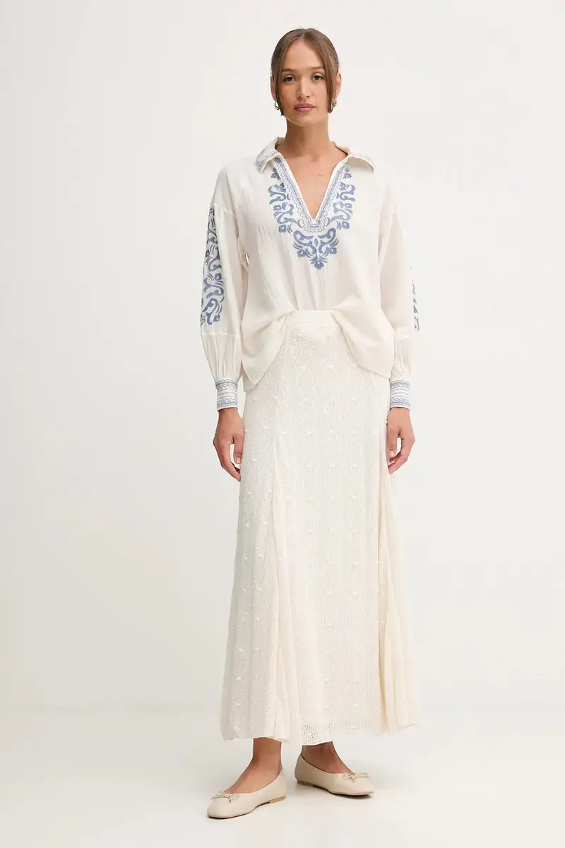 blusa di lino donna colore beige con applicazione 6282664 miniatura 2