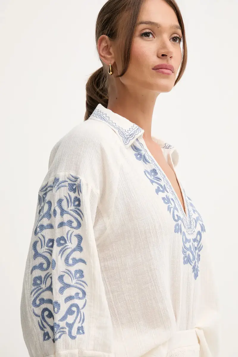 blusa di lino donna colore beige con applicazione 6282664 miniatura 4