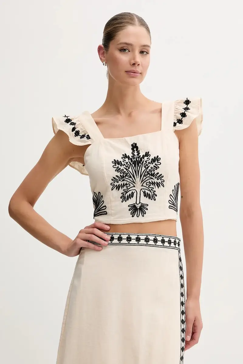 blusa in lino misto donna colore beige con applicazione 5879153