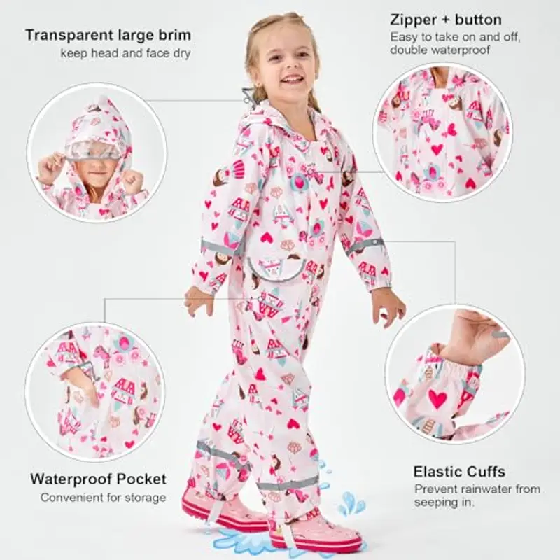Hovkib Bambini Impermeabile Ragazzi Ragazze Tuta da Pioggia Leggero Tutto in Uno Giacche Stampe Cartone Tutina Giacca miniatura 3