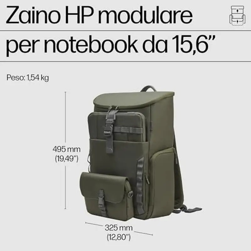 HP Zaino Modulare per Notebook fino a 15.6", 3 Prodotti in 1, Tasche Interne e Esterne, Vani Imbottiti, Resistente all'Acqua, Tracolla Removibile, Creato con Materiale Riciclato, Grigia/Verde miniatura 2