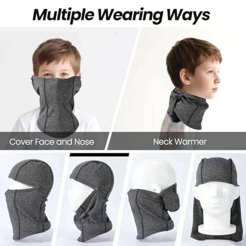 Huccik Passamontagna Invernale per Bambini, Antivento, Maschera da Sci per Ragazzi, Sciarpa Multifunzione Riscaldante Balaclava per Sciare e Andare in Bicicletta (IT, Testo, Taglia Unica, Grigio) miniatura 2