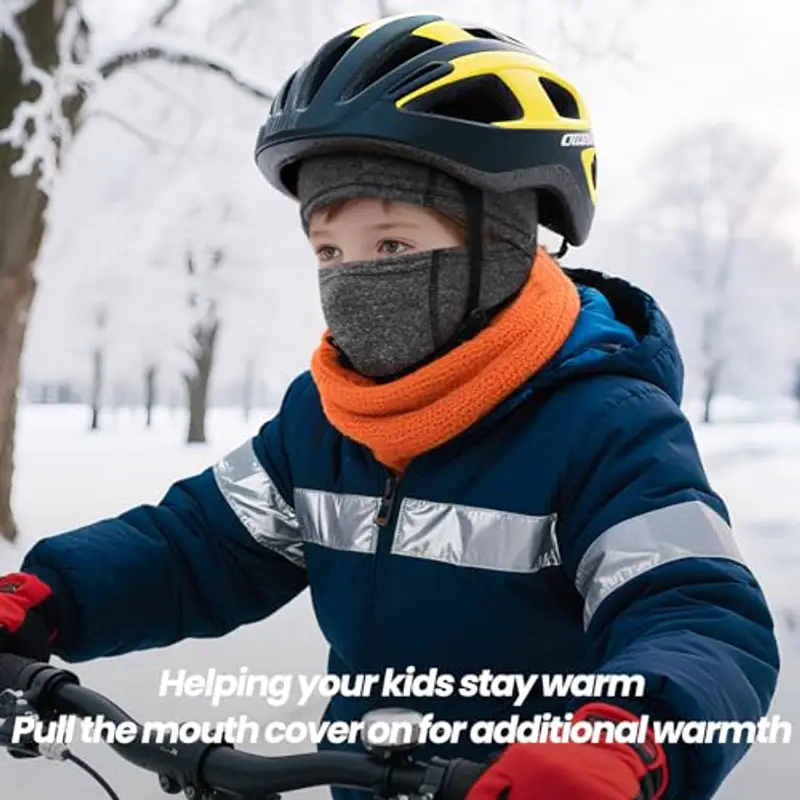 Huccik Passamontagna Invernale per Bambini, Antivento, Maschera da Sci per Ragazzi, Sciarpa Multifunzione Riscaldante Balaclava per Sciare e Andare in Bicicletta (IT, Testo, Taglia Unica, Grigio) miniatura 3
