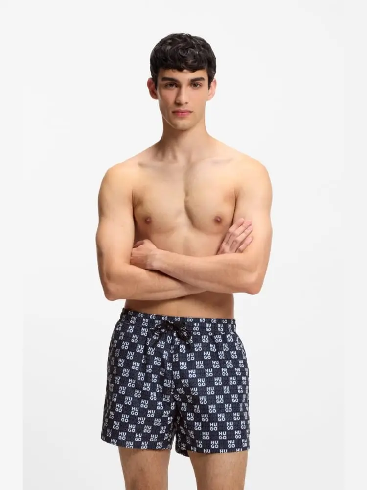 boxer da mare con logo all over a scacchi blu