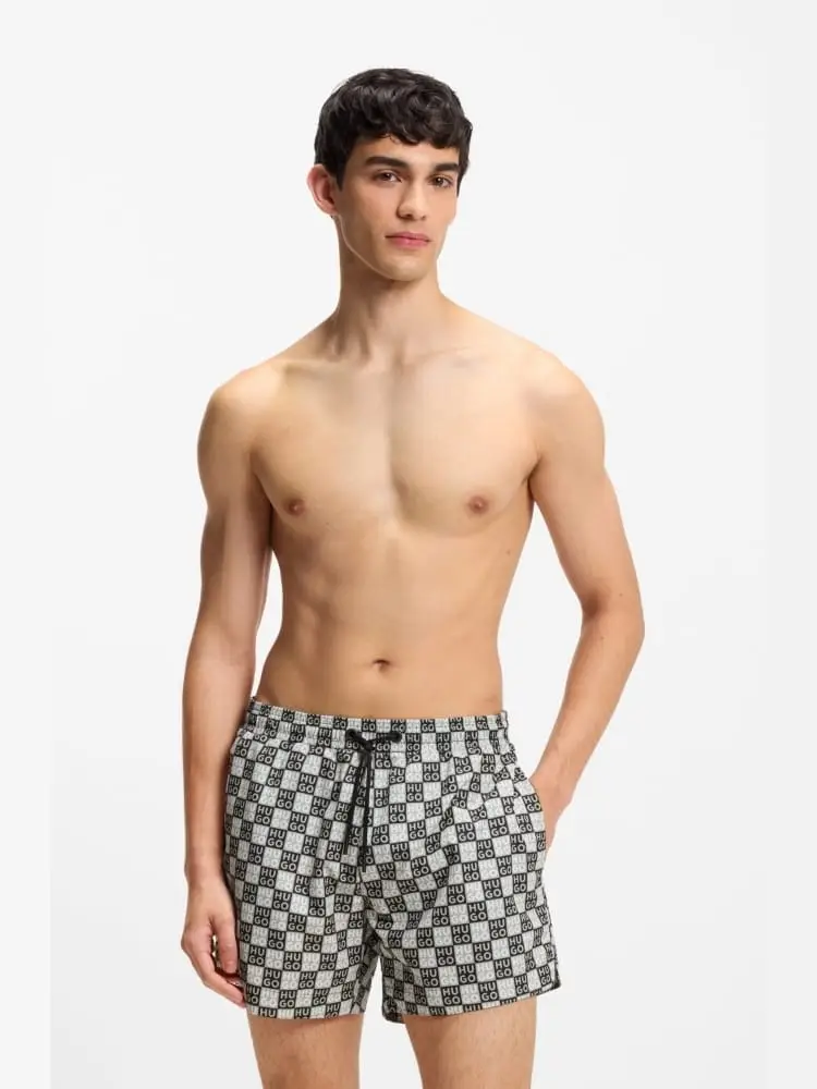 boxer da mare con logo all over a scacchi nero