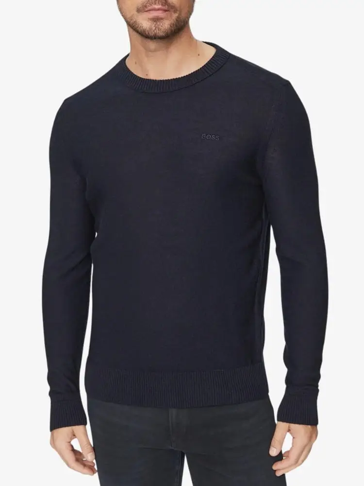 maglia girocollo in misto lana blu con logo piccolo ricamato