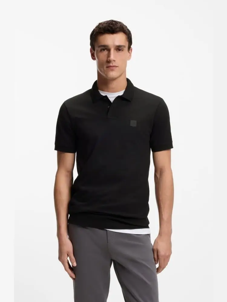 polo slim fit in cotone elasticizzato nero con patch logo